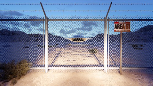 A chain-link fence with a "Warning: Area 51 Restricted Area" sign, leading to a desert landscape under a twilight sky.