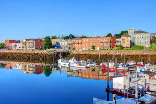 Colorful buildings line a calm harbor, reflecting in the water with boats docked along the pier under a clear blue sky.