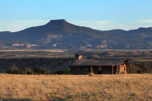 A rustic log cabin sits in a grassy field with a mountain backdrop under a clear blue sky.