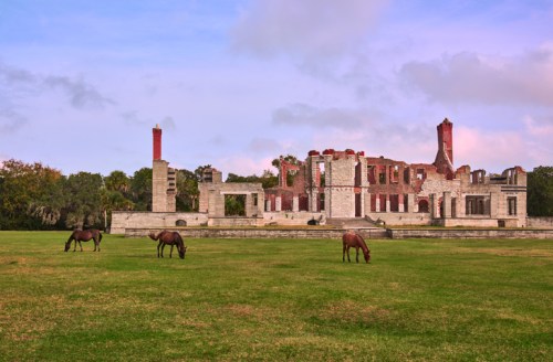 Horses graze in a grassy field near the ruins of a historic building under a blue sky with scattered clouds.