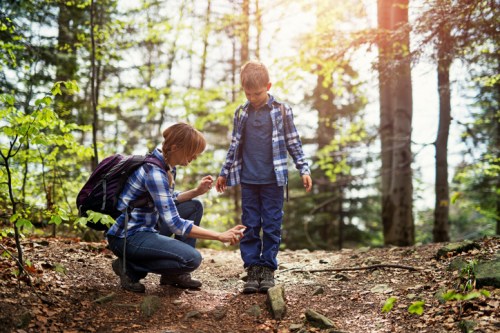 A woman kneels beside a boy on a forest trail, examining something on his leg amidst trees and sunlight.