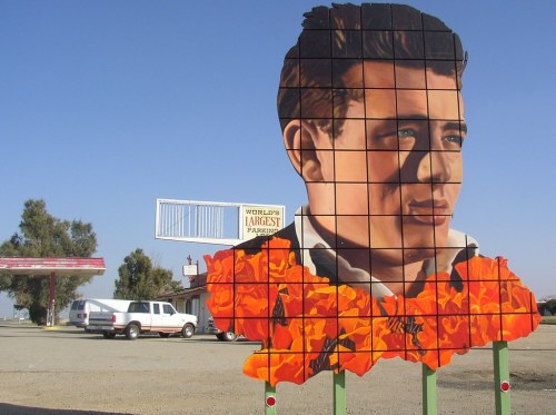 A large mural of a man's face with vibrant orange flames below, set against a rural backdrop with a sign nearby.