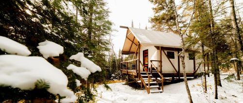 A cozy cabin nestled in a snowy forest, surrounded by tall trees and a serene winter landscape.