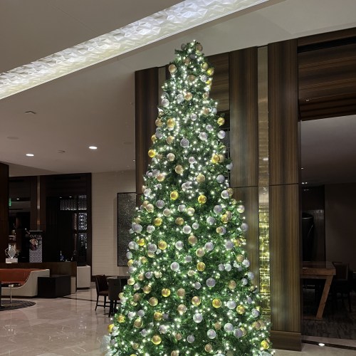 A beautifully decorated Christmas tree with gold and silver ornaments, illuminated with white lights in a modern lobby.