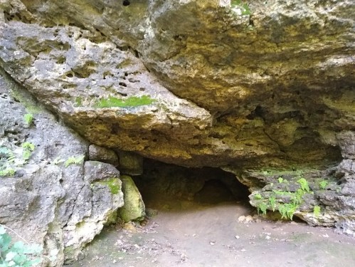A rocky cave entrance surrounded by moss and greenery, with a dirt path leading inside.