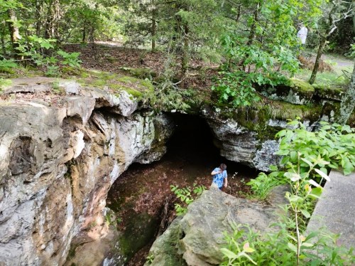 A person stands near a rocky cave entrance surrounded by lush greenery and trees.