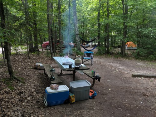 A campsite with a picnic table, cooking equipment, a cooler, tents, and a hammock surrounded by trees. Smoke rises from cooking.