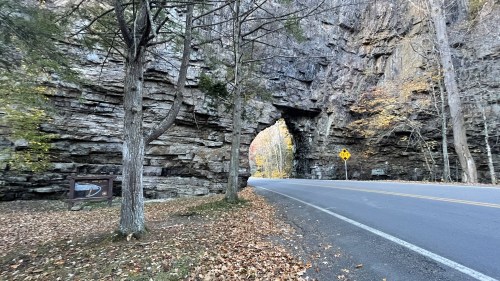 A scenic view of a rock archway beside a road, surrounded by autumn foliage and trees.