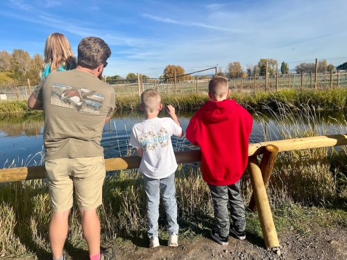 A group of children and an adult stand by a pond, looking out over the water on a sunny day.