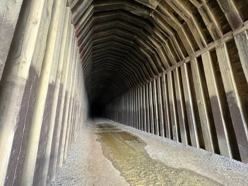 A long, dark tunnel with wooden beams and a small puddle of water on the gravel floor.