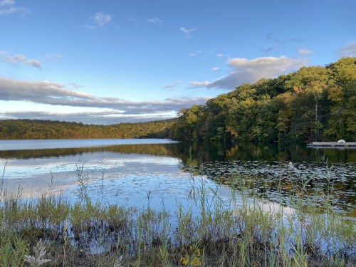 A serene lake surrounded by trees, reflecting the sky and colorful autumn foliage under a clear blue sky.