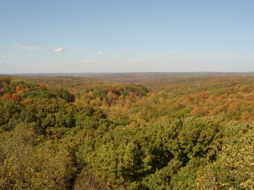 A panoramic view of a lush, green valley with vibrant autumn foliage under a clear blue sky.