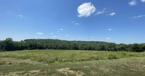 A panoramic view of a green field with trees and a hill under a blue sky with a few clouds.