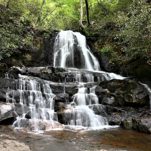 A serene waterfall cascading over rocky terrain, surrounded by lush green foliage.