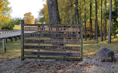 Sign for Fort St. Clair in Eaton, Ohio, built in 1792, with visiting hours and entrance directions.