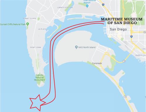 Map showing the route to the Maritime Museum of San Diego, with a red line leading to a star marker.