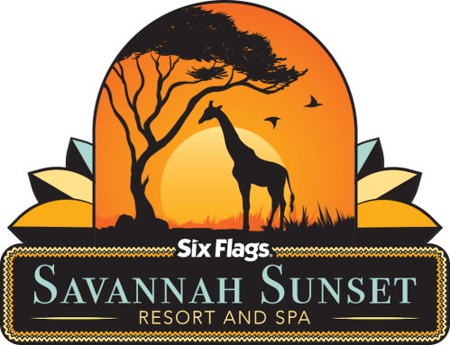 Logo for Six Flags Savannah Sunset Resort and Spa featuring a giraffe, tree, and sunset backdrop.
