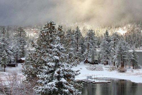 A serene winter landscape featuring snow-covered trees and a calm lake, with misty clouds above.