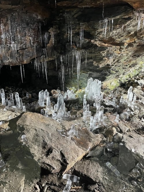 Ice formations and icicles in a dark cave, with rocky ground and a textured stone wall in the background.