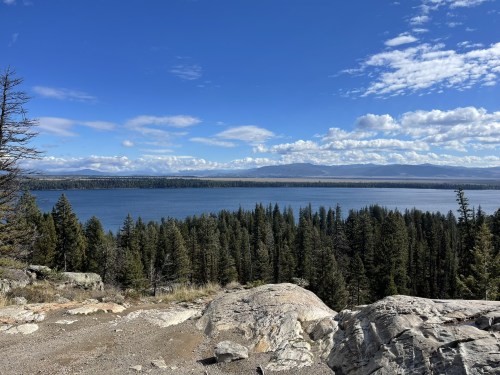 A scenic view of a lake surrounded by evergreen trees and mountains under a blue sky with fluffy clouds.