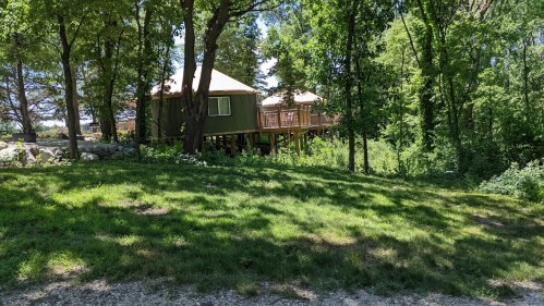 A green cabin on stilts surrounded by trees and lush grass in a natural setting.
