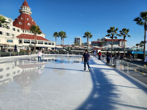 People skating on an outdoor ice rink with palm trees and a historic building in the background under a clear blue sky.