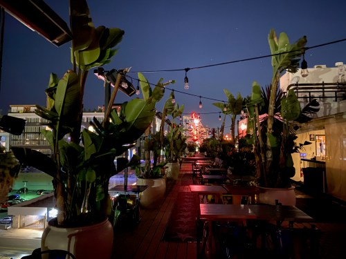 Rooftop restaurant at night, featuring lush plants, string lights, and a vibrant cityscape in the background.