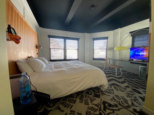 A cozy bedroom with a large bed, TV, and unique decor, featuring large windows and a patterned rug.