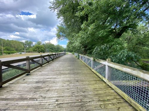 A wooden walkway surrounded by trees under a cloudy sky, leading into a green landscape.