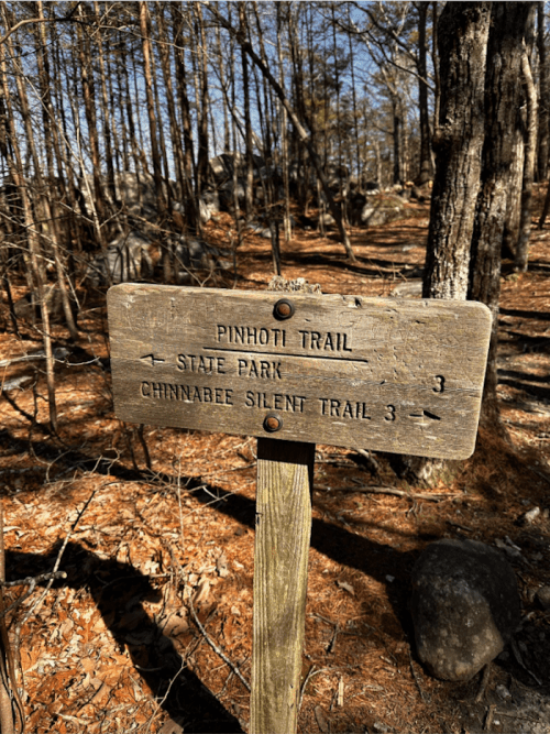Wooden trail sign indicating directions to Pinhoti Trail and Chinnabee Silent Trail in a forested area.