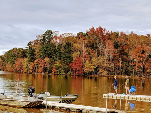 Two fishermen stand on a dock by a lake, surrounded by trees with autumn foliage reflecting in the water.