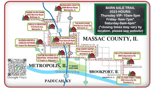 Map of the Barn Sale Trail in Massac County, IL, showing locations and hours for various vendors.