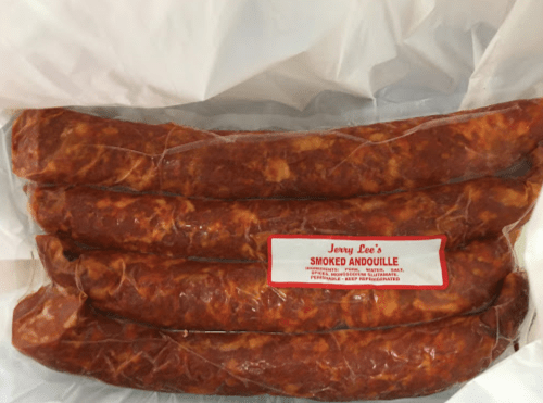 Four smoked andouille sausages in packaging with a label reading "Jerry Lee's Smoked Andouille."