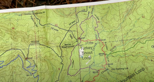 A detailed topographic map showing the Turkey Snout Loop trail and surrounding terrain features.