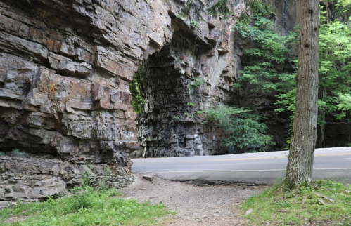 A rocky archway in a forested area, with a road visible in the background and greenery surrounding the scene.