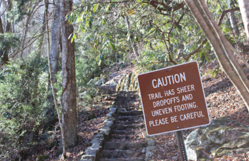 A caution sign on a wooded trail warns of sheer drop-offs and uneven footing, with stone steps visible in the background.