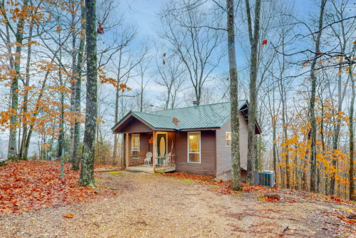 Cozy cabin surrounded by trees, with autumn leaves and a gravel path leading to the entrance.