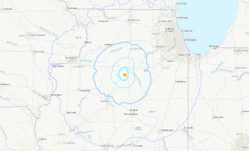 Map of central Illinois showing a highlighted area, likely indicating a specific region or event, with Chicago to the northeast.