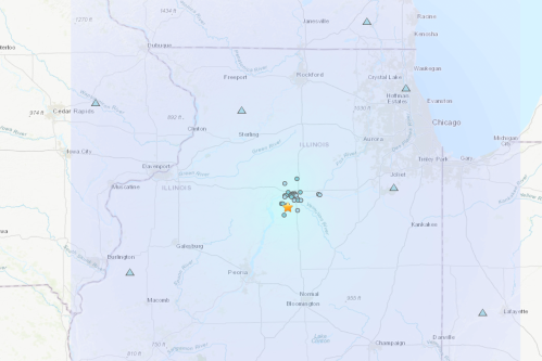 Map of central Illinois showing various geological markers and locations, with a focus on the area around Peoria.
