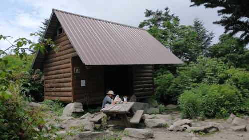 A person sits at a picnic table outside a wooden cabin surrounded by greenery and rocks.