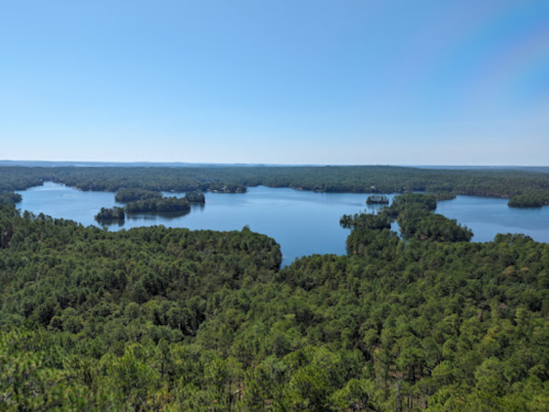 Aerial view of a serene lake surrounded by lush green forests and small islands under a clear blue sky.