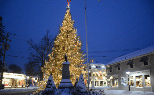 A beautifully lit Christmas tree stands in a snowy town square at dusk, with festive decorations and shops in the background.