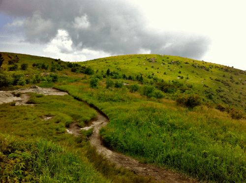 A winding dirt path leads through lush green hills under a cloudy sky.