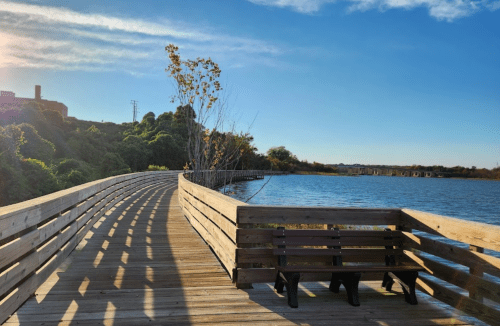 A wooden walkway curves along a calm lake, with a bench and trees under a clear blue sky.