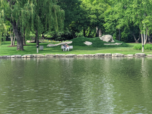 A serene park scene with a calm lake, green trees, and a stone formation resembling a reclining figure.