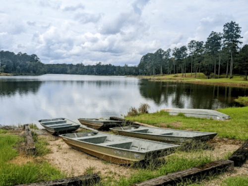 Four boats are moored on the shore of a calm lake, surrounded by trees and cloudy skies.