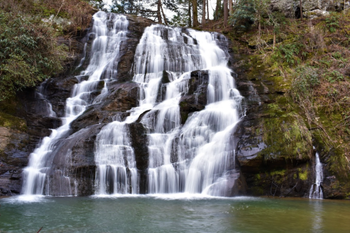 A serene waterfall cascading over rocks into a tranquil pool, surrounded by lush greenery and trees.