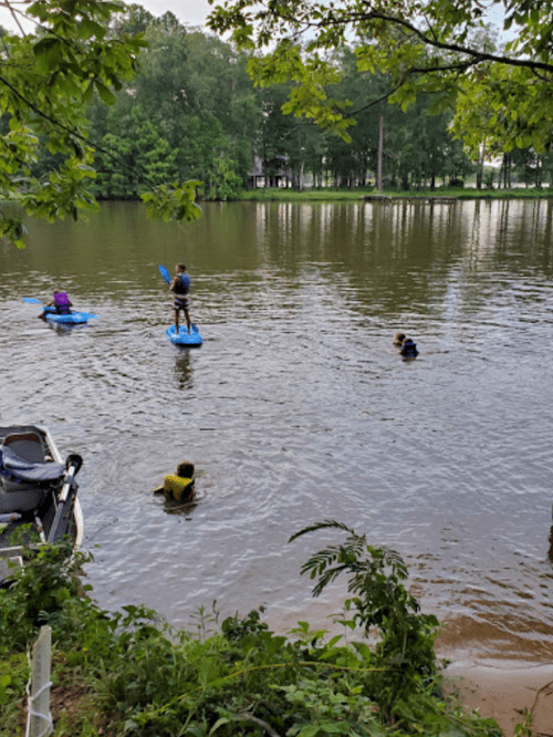 People paddleboarding and swimming in a calm lake surrounded by trees and a boat nearby.