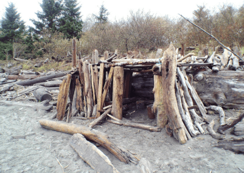 A small wooden structure made of logs and branches, surrounded by a sandy area and sparse vegetation.