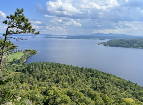 A scenic view of a lake surrounded by lush greenery and distant mountains under a partly cloudy sky.